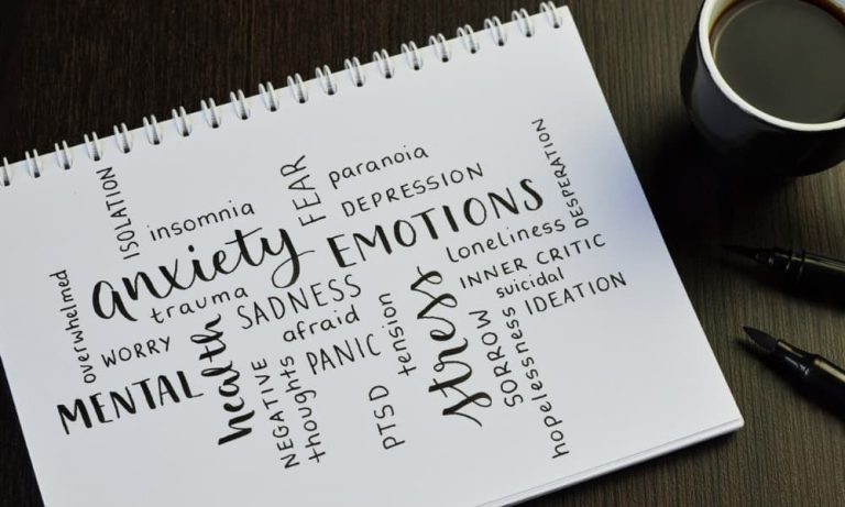 Close-up of MENTAL HEALTH theme word cloud on type of therapy for trauma, handwritten in a notebook with a cup of espresso and pens on a black wooden desk.